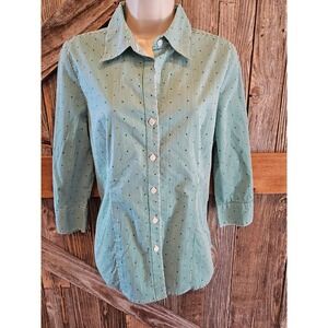 Kim rogers striped polka dot green stretch career blouse 3/4 sleeve M ^